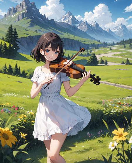 1773346156-HIJKLMixAnime_v30-kawaii 1girl, violin playing, smile, slim, dress, outdoors, in nature, mountains,  grassfield, flowers, sky, floating hair.png